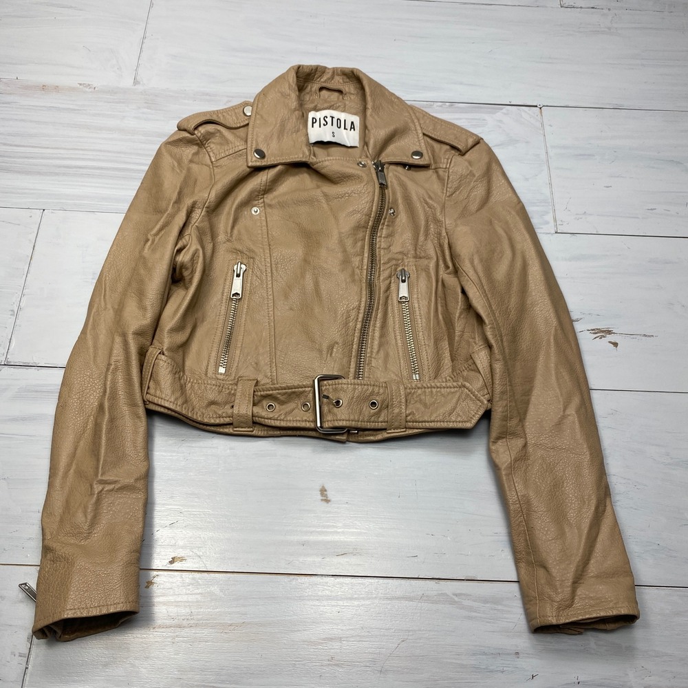 Pistola Moto Jacket Womens Small Tan Faux Leather Cropped Biker P599STPU-LTE